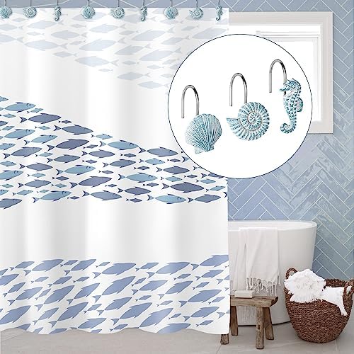 Sunlit Seashells Decorative Shower Curtain Hooks, Aqua Blue Ocean Creatures Coastal Shower Curtain Rings, Resin, Nautical Bathroom Decoration Beach Hooks-12 Pack