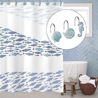 Sunlit Seashells Decorative Shower Curtain Hooks, Aqua Blue Ocean Creatures Coastal Shower Curtain Rings, Resin, Nautical Bathroom Decoration Beach Hooks-12 Pack