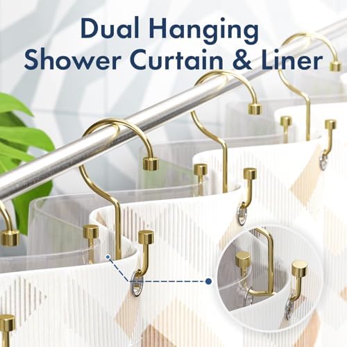Bathway Shower Curtain Hooks Gold Shower Curtain Rings, 12 Pcs Metal Double Hooks Rings Rust Proof for Bathroom Shower Curtain Rod