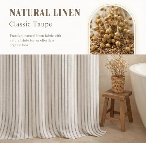 Farmhouse Striped Shower Curtain Taupe Vintage Linen Curtain 72"W X 78"L