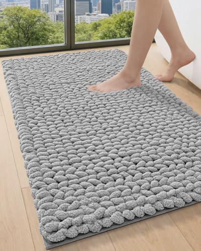 DEXI Bathroom Rugs 43x24, Non Slip Washable Chinelle Bath Mat, Light Grey