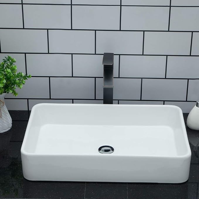 24"x16" Rectangle Bathroom Vessel Sink Porcelain Ceramic White Vanity Sink Above Counter Modern Sink for Cabinet, Lavatory, Hotel Art Basin, Home Washing Basin