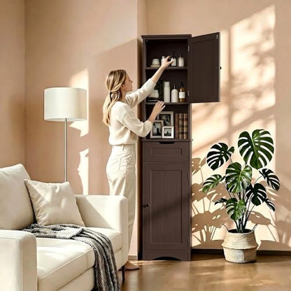 Gizoon 67” H Tall Bathroom Storage Cabinet, Narrow Cabinet, Dark Brown