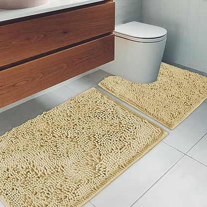 Bathroom Rugs Chenille Bath mat 2 Piece Set, Super Absorbent, Strong PVC Non Slip Backing, Bath mats for Bathroom, Plush Shaggy, Thick, Machine Washable, Bathtub, Shower, Toilet.(Beige)