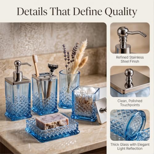 JKE Bathroom Accessories Set, 5-Pack Vintage Thick Glass Soap Dispenser and Toothbrush Holder Set for Bathroom Counter, Blue