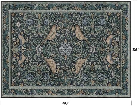 Traditional Washable Entryway Rugs, 3x4 Blue and Green Floral Kitchen Mat for Floor, Bedside, Rug for Laundry Room Floor Non Slip, Moody Stain Resistant Low Plie Carpet