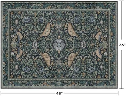 Traditional Washable Entryway Rugs, 3x4 Blue and Green Floral Kitchen Mat for Floor, Bedside, Rug for Laundry Room Floor Non Slip, Moody Stain Resistant Low Plie Carpet