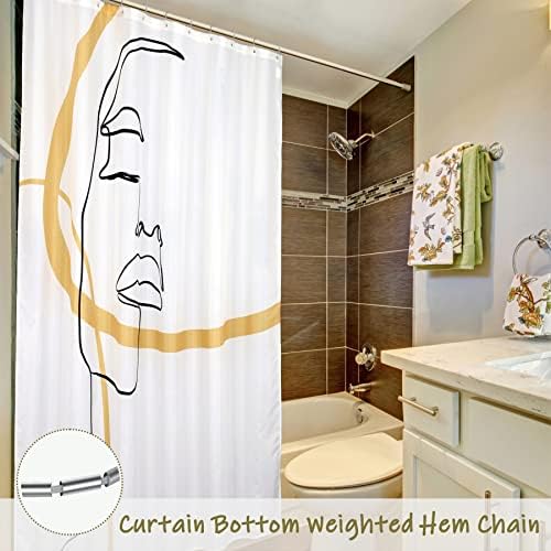 Abstract Face Shower Curtain Set with Hooks: 72’’x72’’ Black & Gold Minimalist Line Art Waterproof Washable Weighted Bath Curtain, Modern Bathroom Decor