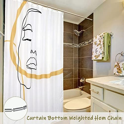 Abstract Face Shower Curtain Set with Hooks: 72’’x72’’ Black & Gold Minimalist Line Art Waterproof Washable Weighted Bath Curtain, Modern Bathroom Decor