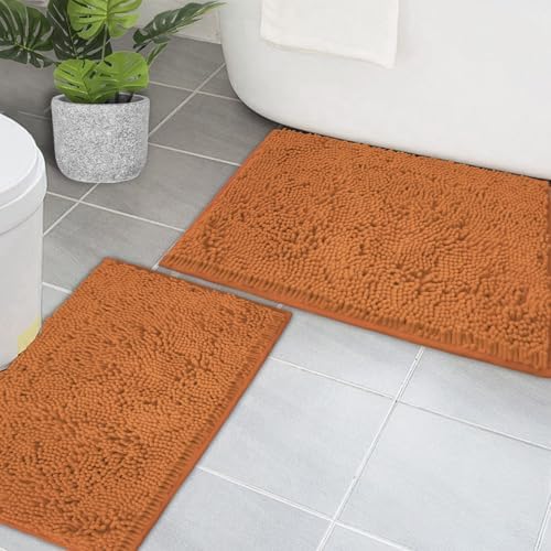 Bathroom Rugs Chenille Bath mat 2 Piece Set, Super Absorbent, PVC Non Slip Backing, Bath mats for Bathroom, Plush Shaggy, Thick, Machine Washable, Bathtub, Shower, Toilet.(Champagne)