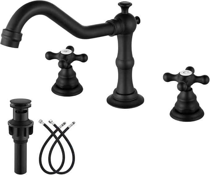 gotonovo Bathroom Faucet 3 Hole Vintage, Matte Black, H C Label | Widespread Bathroom Sink Faucet 8 Inch 2 Cross Handles,Pop Up Drain,cUPC Supply Line,4-15.7” Install,for Vanity Farmhouse RV