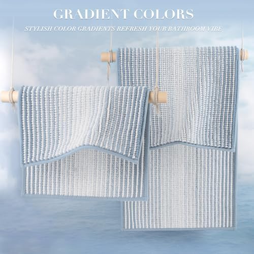 BSICPRO Bathroom Rugs Sets 2 Piece, Non Slip Striped Bath Mats, Ice Blue