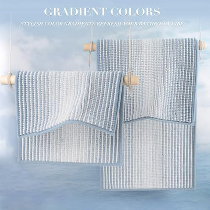 BSICPRO Bathroom Rugs Sets 2 Piece, Non Slip Striped Bath Mats, Ice Blue