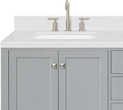 DKB Beckford 72 Inch Bathroom Vanity Double Sink — Grey Bathroom Vanity with Sink, 1.5" Edge Carrara White Quartz Countertop & Backsplash, 4 Soft-Close Doors, 6 Dovetail Drawers