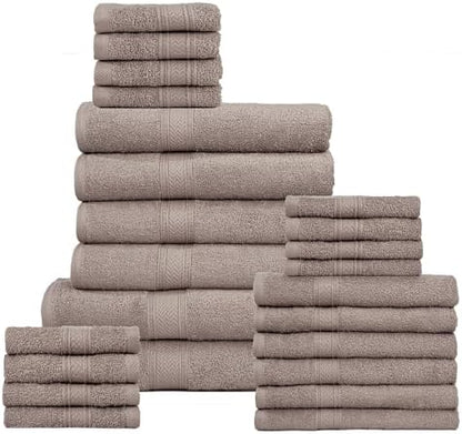 HILLFAIR 100% Cotton 24 PC Bulk Pack - Hotel Spa Bath Towels Set - Stone