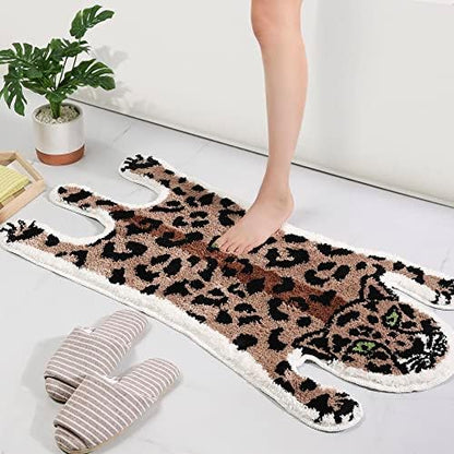 Panstar Leopard Bath Mat for Bathroom, Cute Brown Leopard Cartoon Bath Mats Non Slip Animal Shaped Absorbent Bathtub Rug Bathroom Plush Shower Rugs