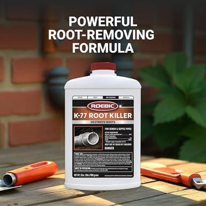 Roebic K-77 Granular Tree Root Killer, Chemical Septic System, Drain Field and Sewer Line Pipe Clog Remover and Root Destroyer, Safe for Bathroom Toilet, 32 oz