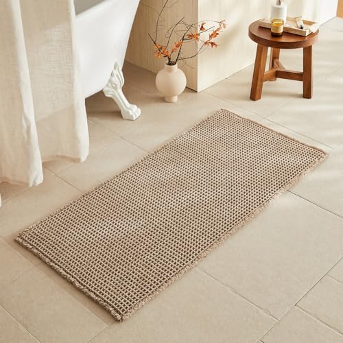 TYUU Waffle Bath Mat, Boho Bathroom Rugs Non Slip, 48x24 Beige