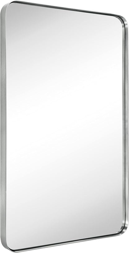 GRACTO 20x30 inch Brushed Nickel Stainless Steel Metal Framed Bathroom Mirror for Wall Mounted Rounded Rectangular Bathroom Vanity Mirror