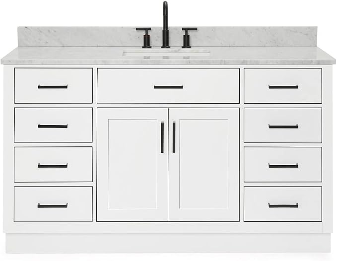 ARIEL Hepburn 60-inch Bathroom Vanity with Sink,Solid Wood, 0.75-inch Italian Carrara Marble Countertop, Single Rectangular Porcelain Sink, 2 Soft Closing Doors, 9 Dovetail Drawers, White