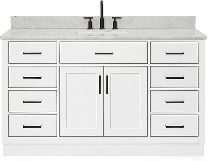 ARIEL Hepburn 60-inch Bathroom Vanity with Sink,Solid Wood, 0.75-inch Italian Carrara Marble Countertop, Single Rectangular Porcelain Sink, 2 Soft Closing Doors, 9 Dovetail Drawers, White