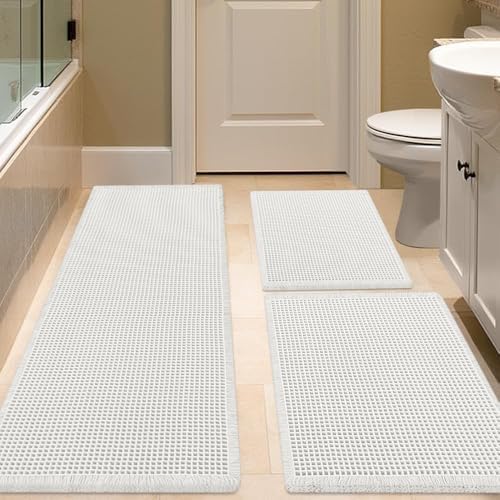 IM HOME Waffle Bath Mat Set 3 Piece White,Woven Modern Bath Rug Mats, Absorbent Non Slip Bath Floor Mat, Soft Washable Boho Bath Rugs with Tassels for Bathroom, Bedroom, Kitchen