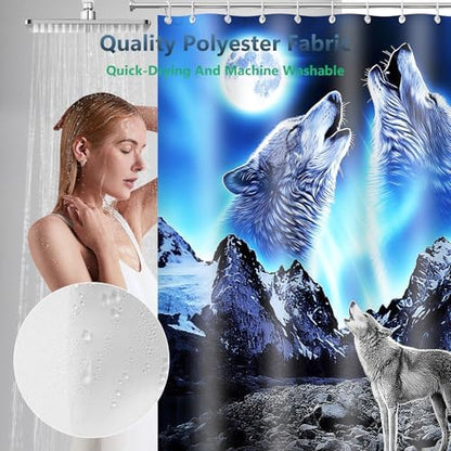 Howling Wolf Full Moon Blue Nature Shower Curtain with Hooks 72 x 72 Inches