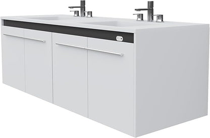AMERLIFE 60" LED Floating Bathroom Double Vanity with Sink, Modern High Gloss Wall Mounted Bathroom Storage Cabinet with 3 Hole Sink, Metal Handles & Soft Closing Doors, White