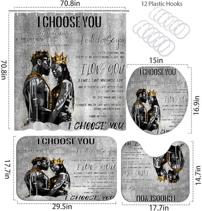 4pcs Romantic Couples Shower Curtain and Rugs Toilet Lid Cover Bath Mat, Fathers Day Full in Love Black Man Women Shower Curtain Set with Hooks, Black King Queen Bathroom Decor Set