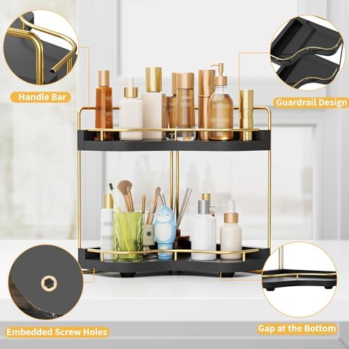 2-Tier Corner Bathroom Counter Organizer, Larger, Black Gold