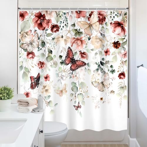 Red Floral Butterfly Summer Spring Plant Bathroom Shower Curtain Set