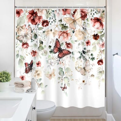 Red Floral Butterfly Summer Spring Plant Bathroom Shower Curtain Set