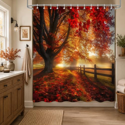 Red Maple Forest Shower Curtain, 72 x 78 Inch Waterproof Polyester Fall Landscape Bathroom Curtain, Autumn Tree Sunrise Woodland Bath Curtain for Tub Decor