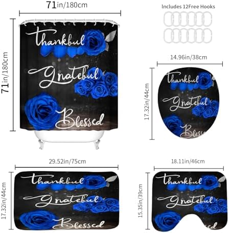 Onalasyc 4Pcs Blue Rose Floral Shower Curtain with Rugs Set