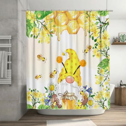 Ansouyi Spring Bees Honey Cute Gnome Shower Curtain Set with 12 Hooks, Bath Curtains Waterproof Polyester Fabric, Home Bathroom Bathtubs Decor Washable Durable Fabric, 72" Wx72 L