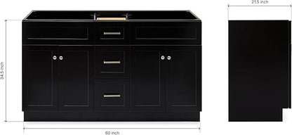 ARIEL Hamlet 60-inch Bathroom Vanity Base Cabinet,Solid Wood, 4 Soft Closing Doors, 3 Dovetail Drawers, Brushed Nickel, Black