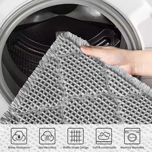ZALL Waffle Bath Mat,Super Absorbent Non Slip Bathroom Rug,Grey 24X72inch, Geometric Diamond Machine Washable Ultra Soft Floor Mats Gray