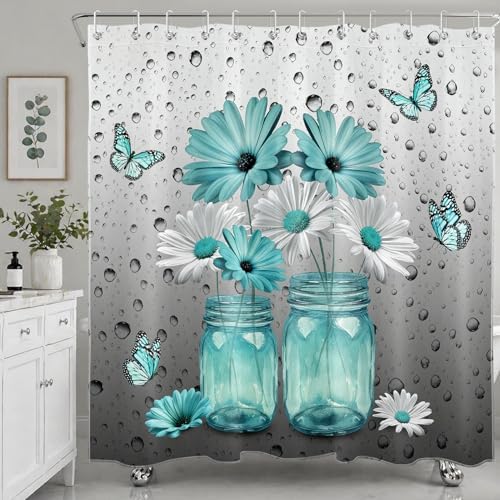 Teal Daisy Shower Curtain for Bathroom Decor, 72W X 72L inches