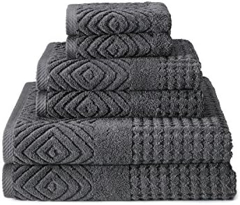 Texere 100% Organic Cotton Diamond Jacquard 700 GSM Luxury Bath Towel Sets - Ultra Soft and Absorbent Hotel Quality, 2 Large Bath Towels, 2 Hand Towels, 2 Washcloths (Diamond, Charcoal, 6 Piece)
