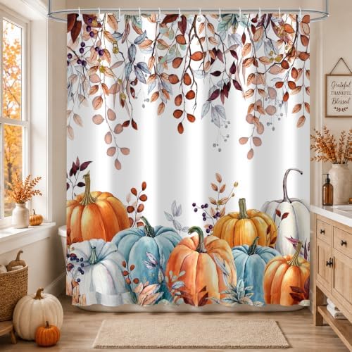 Fall Shower Curtains for Bathroom, Thanksgiving Pumpkins Autumn Leaves Shower Curtain Set with Hooks, Blue Orange Waterproof Fabric Fall Bathroom Decor Accessories, 72 x 72 Inch