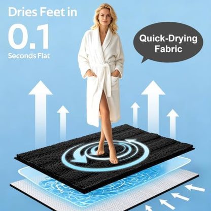 ACCUMTEK Striped Black Bathroom Rug Set 3 Pieces Ultra Soft, Non Slip Chenille Toilet Mat, Absorbent Plush Shaggy Bath Mats for Bathroom, Bedroom, Kitchen