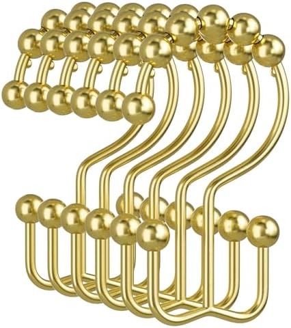 Amazer Gold Shower Curtain Hooks, 12PCS Rust-Resistant Metal Double Shower Curtain Rings for Curtain Rolling Shower Hooks, Shower Rings for Bathroom Shower Curtain Rod