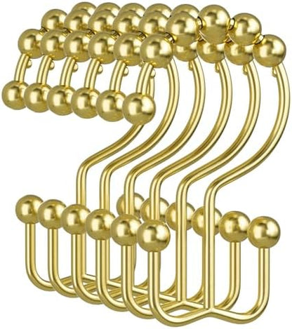 Amazer Gold Shower Curtain Hooks, 12PCS Rust-Resistant Metal Double Shower Curtain Rings for Curtain Rolling Shower Hooks, Shower Rings for Bathroom Shower Curtain Rod