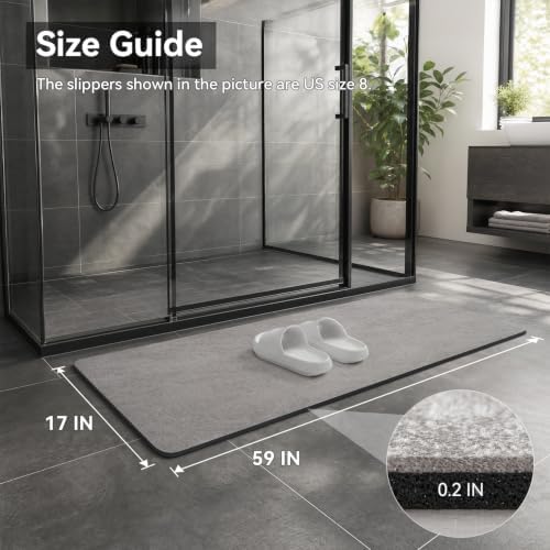 MontVoo -Bath Mat Rug-Rubber Backing Non Slip Quick Dry Absorbent Thin Bathroom Rugs Fit Under Door-Faux Suede Surface Bathroom Floor Mats-Shower Rug for in Front of Bathtub Shower Gray 17"x59"
