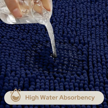 HOMEIDEAS Navy Blue Long Chenille Bathroom Rugs Set of 3, Non Slip Bath Mat