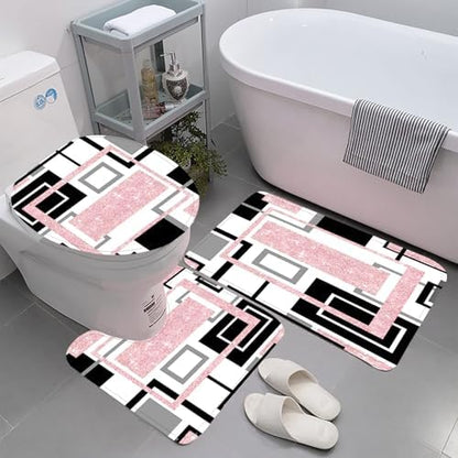 Yddsky 4 Pcs Pink Geometric Shower Curtain Set with Rugs Bathroom Set