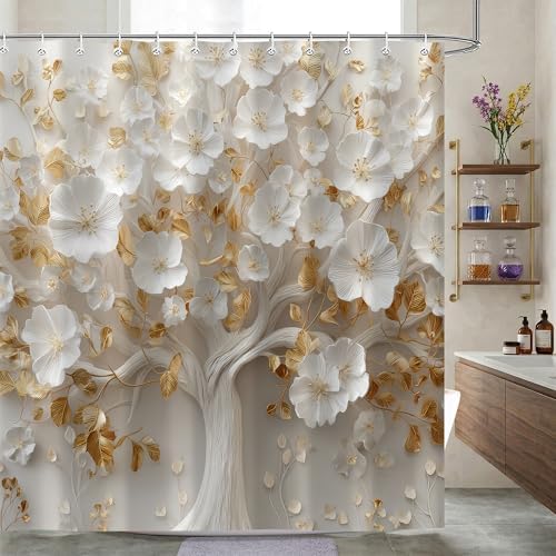 Moonslim White Gold Floral Tree Shower Curtain, Modern Aesthetic Elegant Bathroom Decor Waterproof Polyester Fabric Bath Curtain with Hooks 72x72 Inch