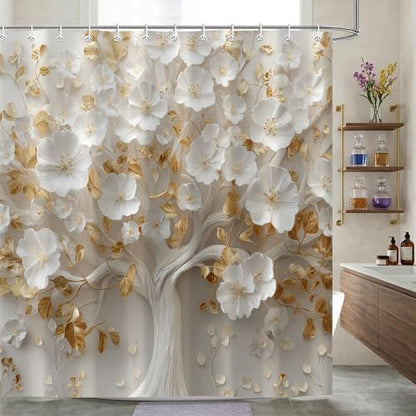 Moonslim White Gold Floral Tree Shower Curtain, Modern Aesthetic Elegant Bathroom Decor Waterproof Polyester Fabric Bath Curtain with Hooks 72x72 Inch