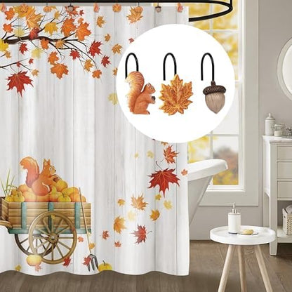 Sunlit Fall Autumn Decorative Shower Curtain Hooks, Pumpkin Maple Leaf Squirrel Acorn Shower Curtain Rings with Black Hooks, Resin, Orange Leaves Cute Bathroom Curtain Hangers Decoration, Set of 12