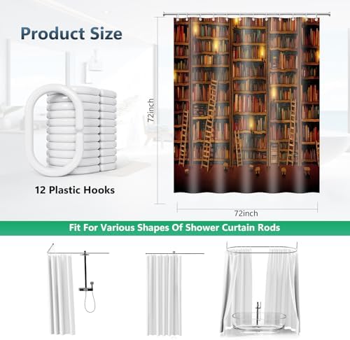 Vintage Library Retro Old Bookshelf Shower Curtain with Hooks 72 x 72 Inch